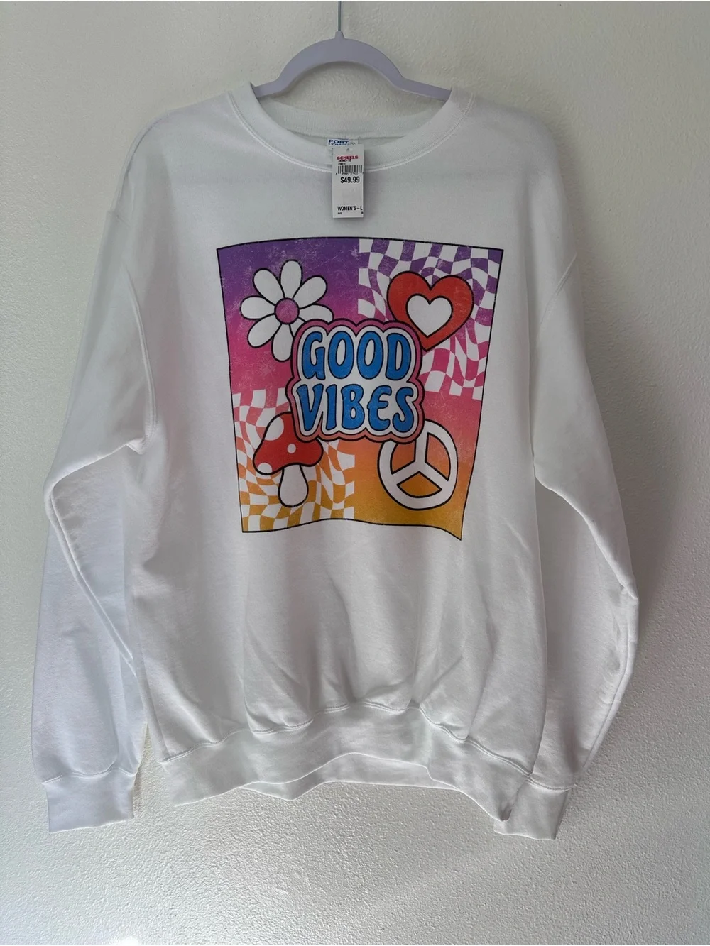NWT Port & Company White Graphic Crewneck with Purple Pink & Red Design